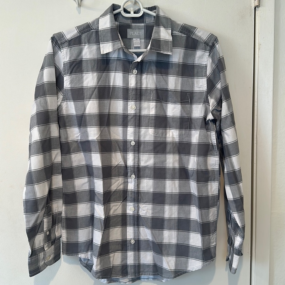 Boys Gray Plaid Button Down